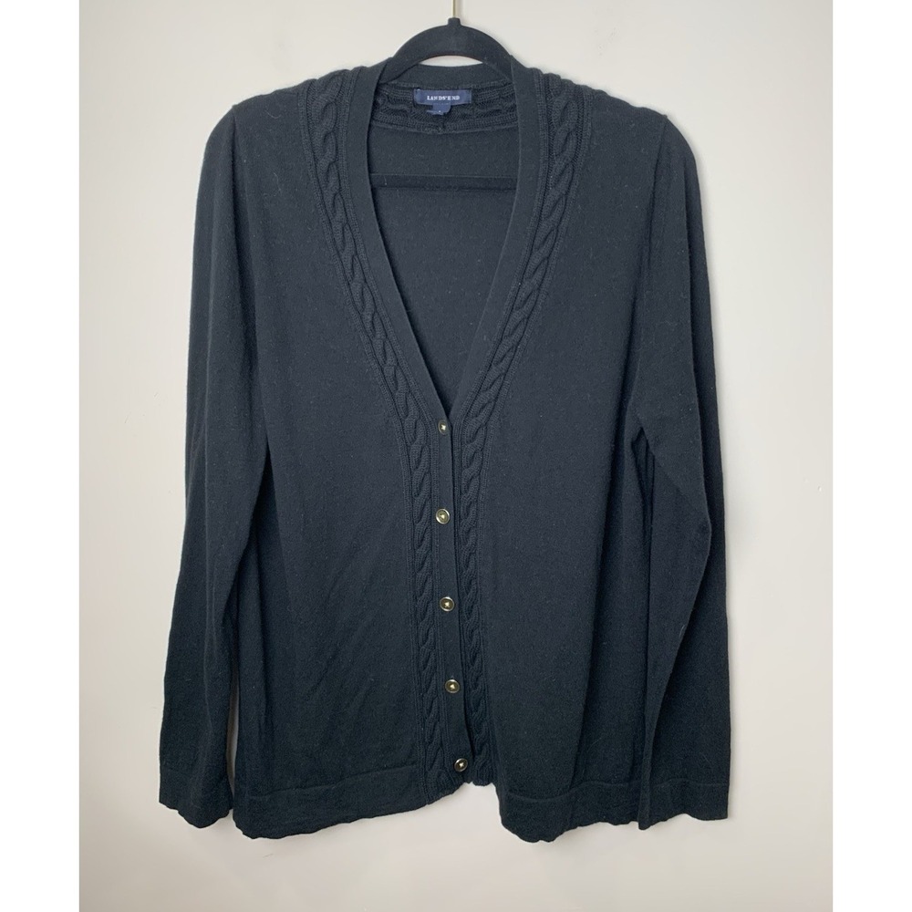 Lands End Cardigan Sweater Womens Large 14-`16 Black 55% Merino Wool/45% Cotton